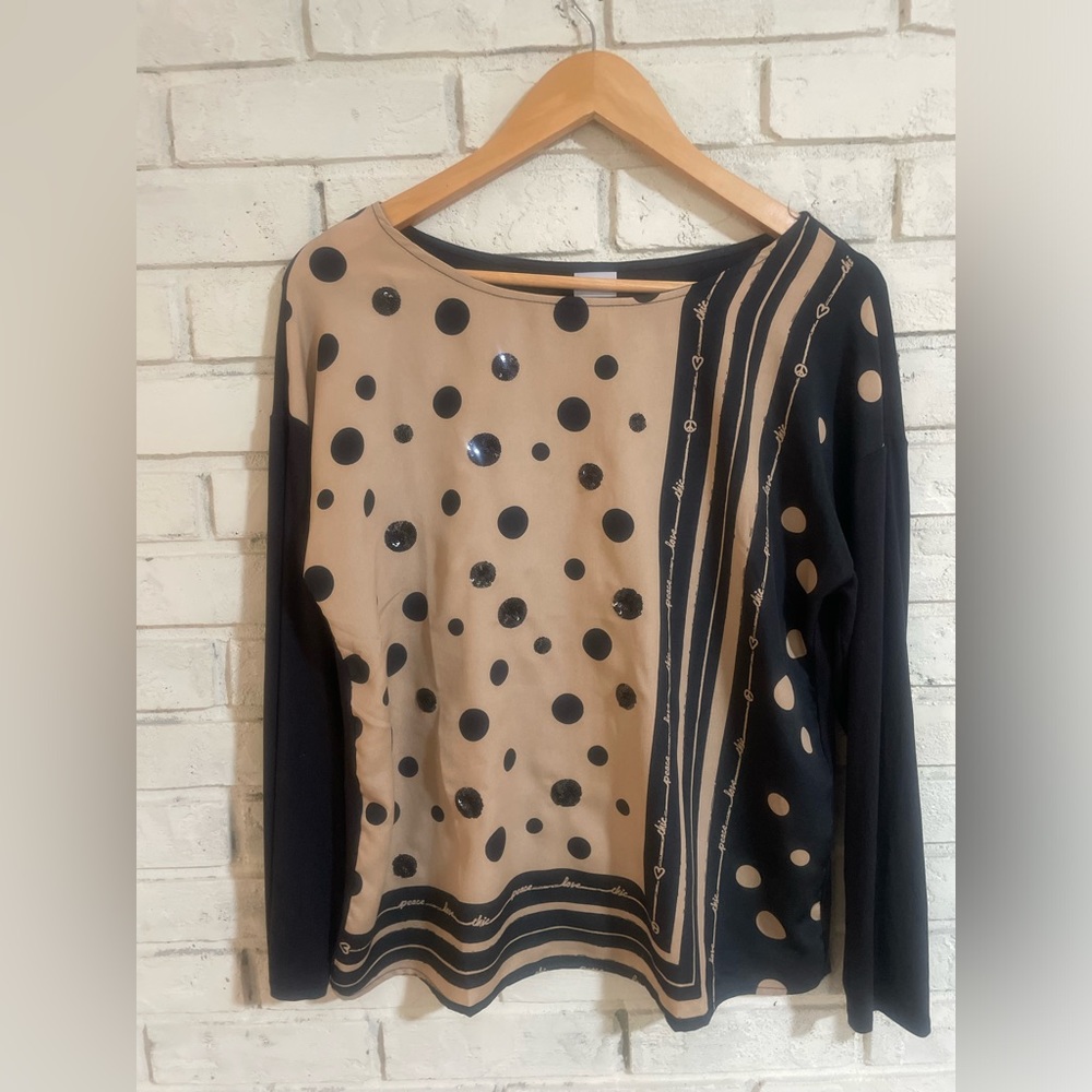 CHICO’S size 1 long sleeve black and beige blouse. Embellished front.EUC